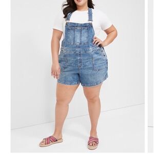 Lane Bryant Boyfriend Overall Shorts Medium Wash Stretch Blue Denim Plus 18 NEW